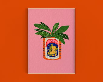 May include: A pink framed illustration of a green plant growing out of a can with a label that says "FRAMBOUSE" and features a yellow flower with green leaves.