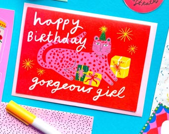 Happy birthday gorgeous girl leopard cute birthday greeting card for her | Pink Red greetings celebration sparkle illustrated northern irish