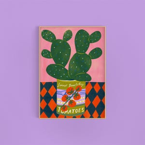 Stampa artistica di un cactus in una scatola di pomodori / Pianta da appartamento, pianta da appartamento, decorazione da parete botanica antica illustrata, balsamo di tigre colorato e audace