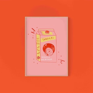 Ilustração de Suco Tropical | Decoração de Parede Rosa Caixa de Suco de Verão Caixa de Suco de Frutas Arte de Parede para o Feriado Casa Maximalista Eclética Irlanda do Norte