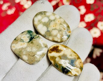 Könnte beinhalten: Drei polierte Edelsteine in Grün-, Creme- und Brauntönen. Die Steine haben ein gesprenkeltes Muster und sind oval und quadratisch geformt. Die Edelsteine werden in einem weißen Handschuh gehalten.