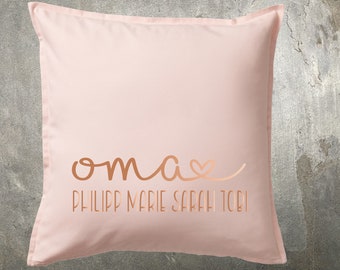 Geschenk für Oma Rosa Kissenhülle "Oma + Namen der Enkel" in Rose Gold, Gold oder Wunschfarbe