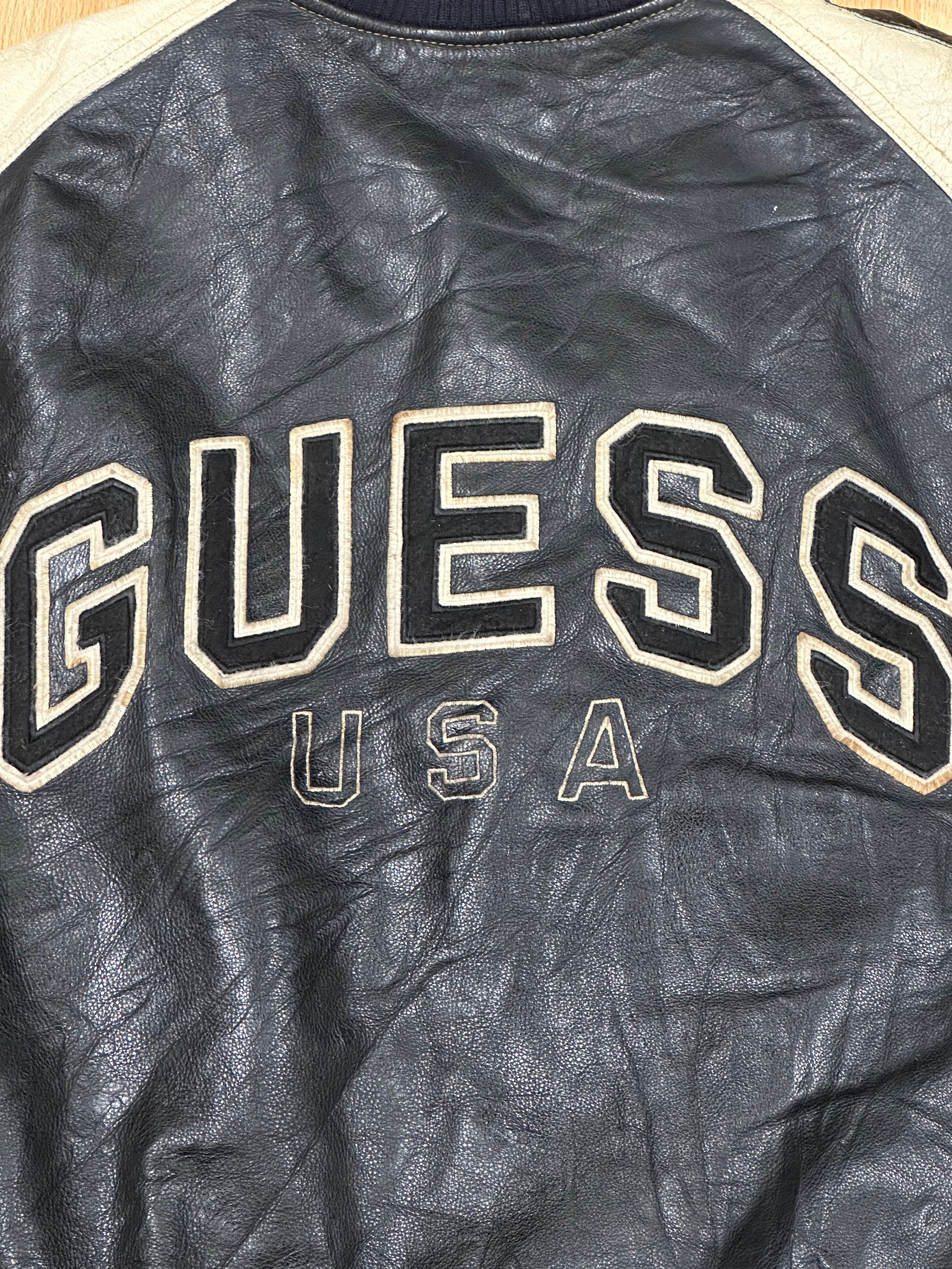 Vintage 90s Guess USA Leather Bomber Jacket Size XL Hip hop