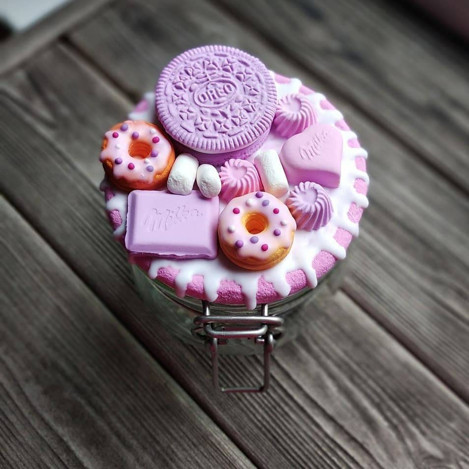 Soft pink jar with polymer clay decor. Cookie jar. Candy Etsy
