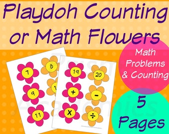 Può includere: Attività stampabile Playdoh Counting or Math Flowers con 5 pagine di modelli a forma di fiore che presentano numeri, simboli di addizione, sottrazione, moltiplicazione e divisione.