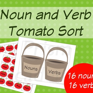 May include: A printable educational game for kids to learn about nouns and verbs. The game features two buckets labeled "Nouns" and "Verbs" and 16 tomato-shaped cards with words like "whale", "Paris", "jump", "hide", "write", "cook", "drink", "buy", and "make".