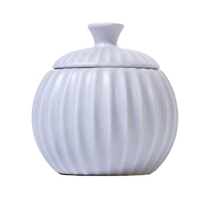 May include: A light blue ceramic jar with a lid and a ribbed design.
