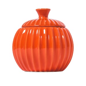 May include: A glossy orange ceramic pumpkin-shaped container with a lid. The container has vertical ridges and a small handle on top of the lid. The design is reminiscent of a pumpkin, perfect for fall decor.