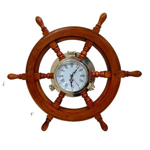 Wood Crafted Nautical Solid Brass Porthole Time Clock Pirate Ship Wheel - Captain Maritime Beach Home Decor Gift (24 Inches)