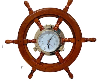 Horlogerie nautique à hublots en bois, laiton massif, roue de bateau pirate, cadeau déco Captain Maritime Beach (24 pouces)