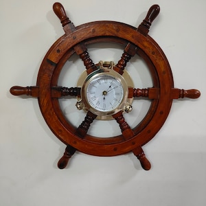 Wood Crafted Nautical Solid Brass Porthole Time Clock Pirate Ship Wheel - Captain Maritime Beach Home Decor Gift (18 Inches)