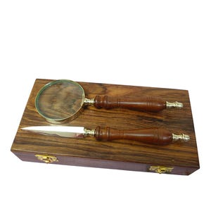 Brass And Wooden Magnifier and Letter Opener With Wooden Box