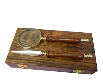 Brass & Wood Magnifier and Letter Opener Set with Wooden Box