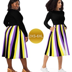 May include: Two long-sleeved dresses with a black top and a striped skirt in purple, yellow, white, and black. The dresses have a round neckline and a midi-length skirt. The text "2XS-6XL" is on a gold circle.