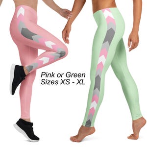 May include: Two pairs of leggings with a geometric pattern of pink, white, and gray arrows on a pink and green background. The text "Pink or Green Sizes XS - XL" is printed on the image.
