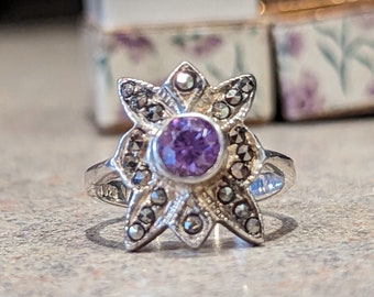 Art Deco Sunburst Flowerr Amethyst & Marcasite Flapper Statement Ring