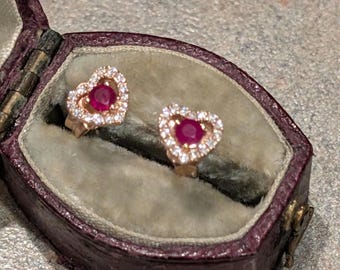 Estate Natural Ruby & Diamond Halo Roae Gold Stud Earrings, Full of Fire!