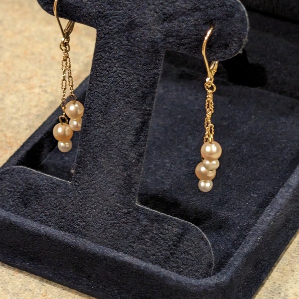 Estate Antique South Sea Multi Pearl Gold Figaro Drop Dangle Earrings