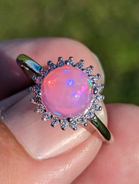 Stunning Natural Pink Opal Halo Engagement Statem… - image 1