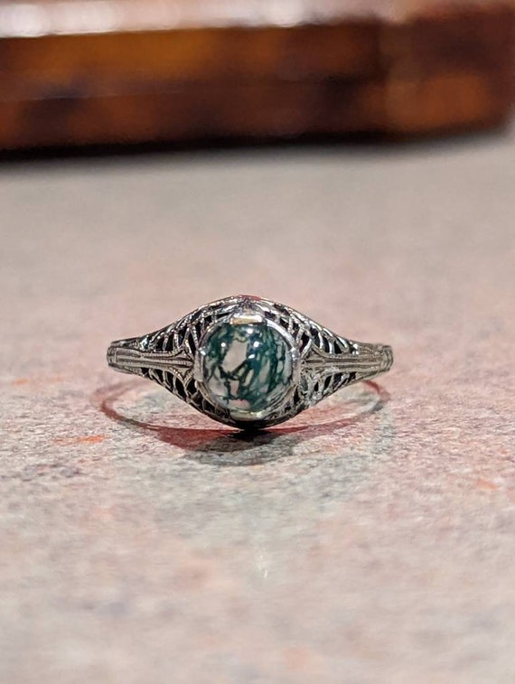 Antique Moss Agate Filigree White Gold Engagement 