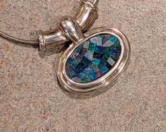 Beautiful 1960s BOHO Colorful Mosaic Opal Oval Pendant Statement Birthstone Necklace