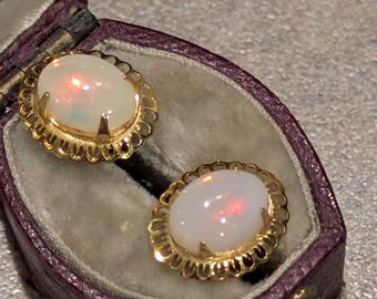 Colorful Vintage Genuine Opal Halo Yellow Gold Stud Earrings