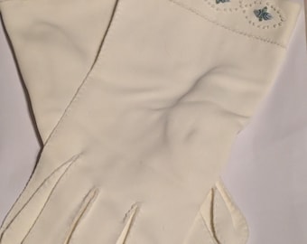 1940s Ivroy & Blue Hand Embroidered Detailed Wedding Gloves, Amazing Condition