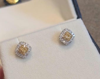 Stunning Estate Canary Yellow Diamond Cluster 18K White Gold Stud Earrings, Vintage