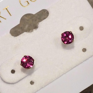 Bright Raspberry Pink Natural Rhodolite Garnet Yellow Gold Stud Birthstone Earrings, Timeless