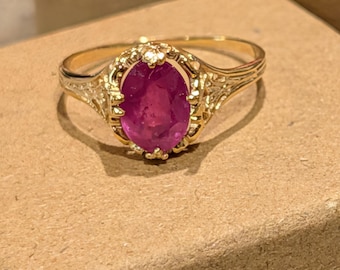 Vintage Leaf & Filigree Natural Oval Cut Ruby 2.3 Solitaire Engagement Birthstone Anniversary Ring