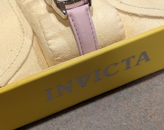 Invicta Baby Pink Genuine Leather Mother of Pearl & Silver Swiss Water Resistant Watch, Original Box Paperwork Face Cover Intact