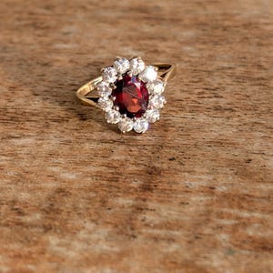 Intense Scarlet Pyrope Garnet Halo Daisy Gold Engagement Anniversary Birthstone Ring