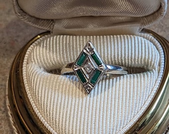 Geometric French Cut Emerald & Diamond Art Deco Navette Birthstone Statement Anniversary Ring