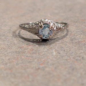 Art Deco Old Cut Natural Blue Zircon White Gold Filigree Engagement Statement Anniversary Birthstone Ring