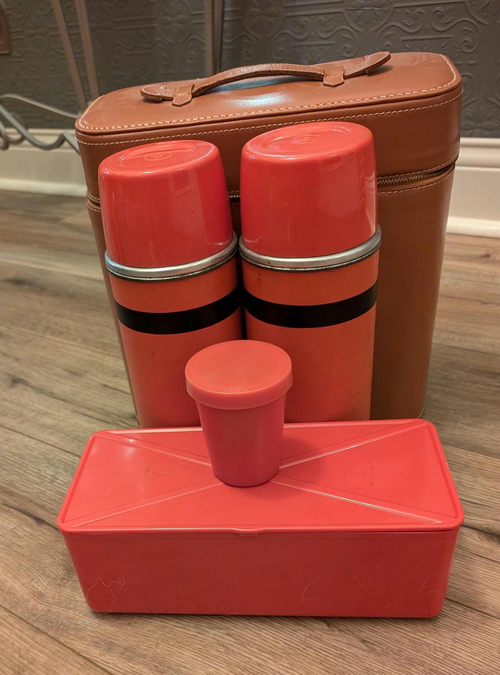 Vintage Aladdin Industry Double Thermos Lunch Picnic Set With