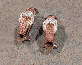 Vintage Chic Natural Champagne & Colorless Diamond Yellow Gold Belt Buckle Huggie Style Earrings