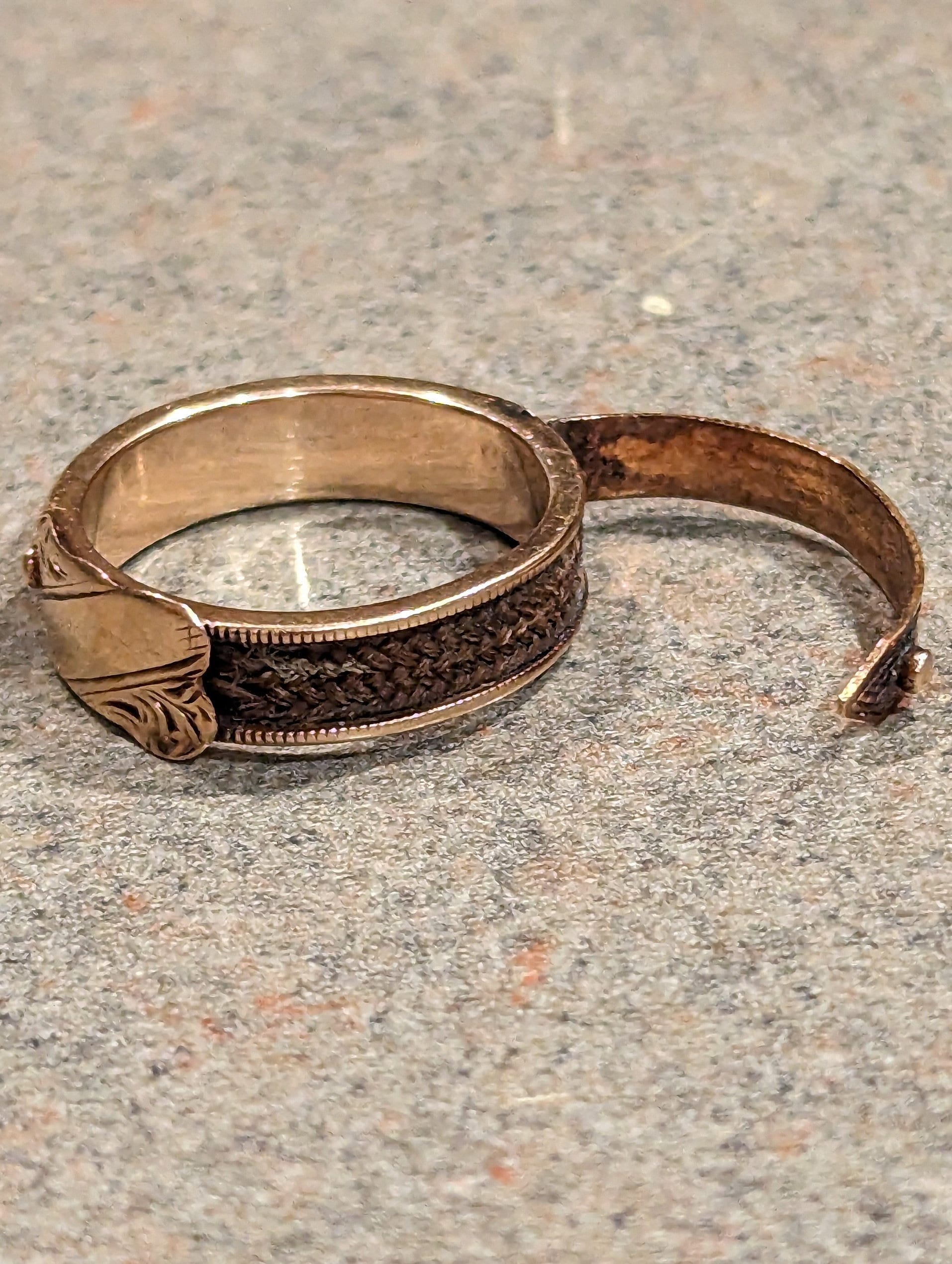 Victorian Mourning Double Secret Compartment Locket Embossed Engraved Band, Initals "M. Mc. M"