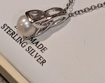Irish Dublin Crafted Genuine Pearl Celtic Trinity Knot Necklace, Triquetra Eternity