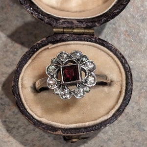 Pu&ograve; includere: Un anello color argento con una gemma rosso scuro a taglio quadrato al centro, circondata da un alone floreale di piccole pietre rotonde trasparenti. L'anello &egrave; esposto all'interno di un portagioie ovale marrone scuro con interno color crema.