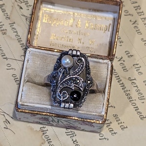Unique Art Deco Black Onyx & Pearl Marcasite Statement Ring