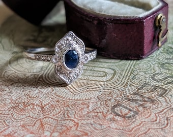 Bright Blue Natural Sapphire & Diamond Navette Anniversary, Birthstone, Statement Ring