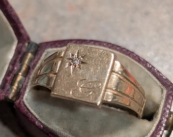 Vintage Starburst Diamond Signet Ring &quot;G&quot; Monogram Victorian Style Signet Ring, Unisex