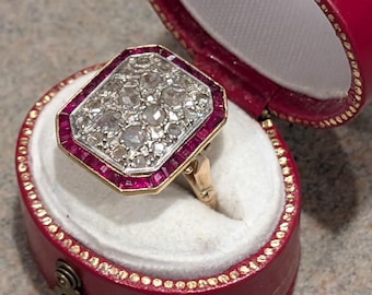 Antique Natural Rose Cut Diamond & Caliber Ruby Halo Cluster Gold Engagement Target Ring