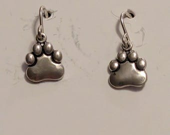 Estate Vintage Puffed Puppy Paw Print Drop Dangle Earrings