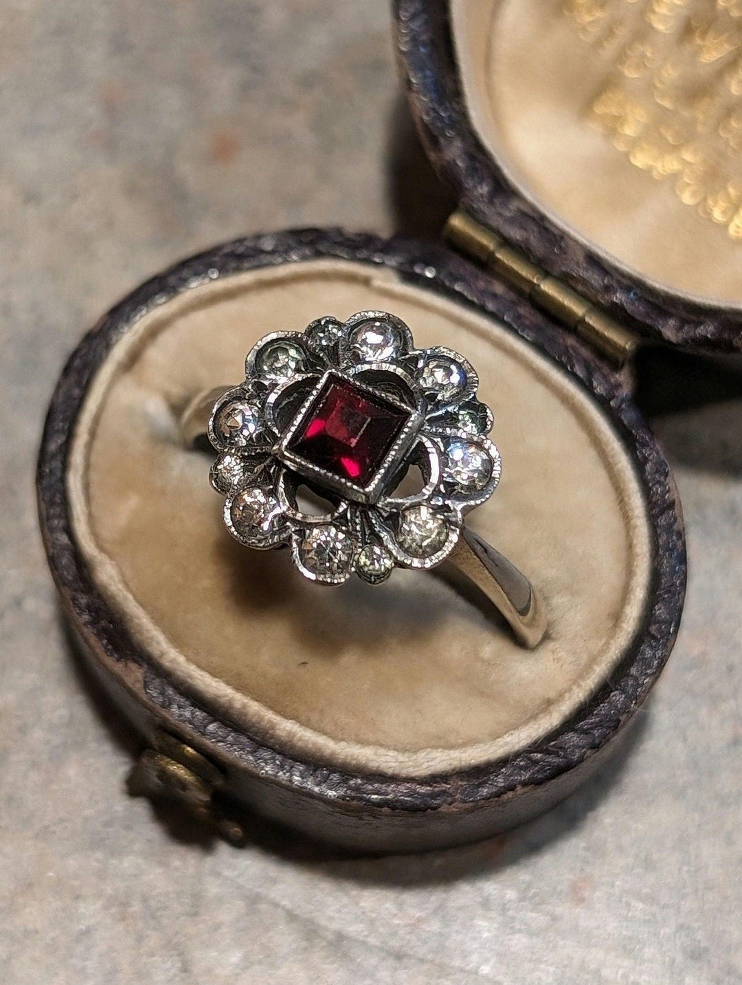 Late Edwardian Geometric Garnet & Diamond Layered Detailed Open Daisy Style Engagement Birthstone Statement Ring, STUNNING