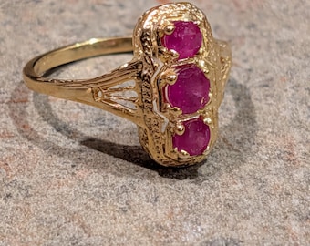Estate Natural Ruby Elongated Trilogy Navette Sryle Anniversary Statement Birthstone Ring, Amazing Detailing