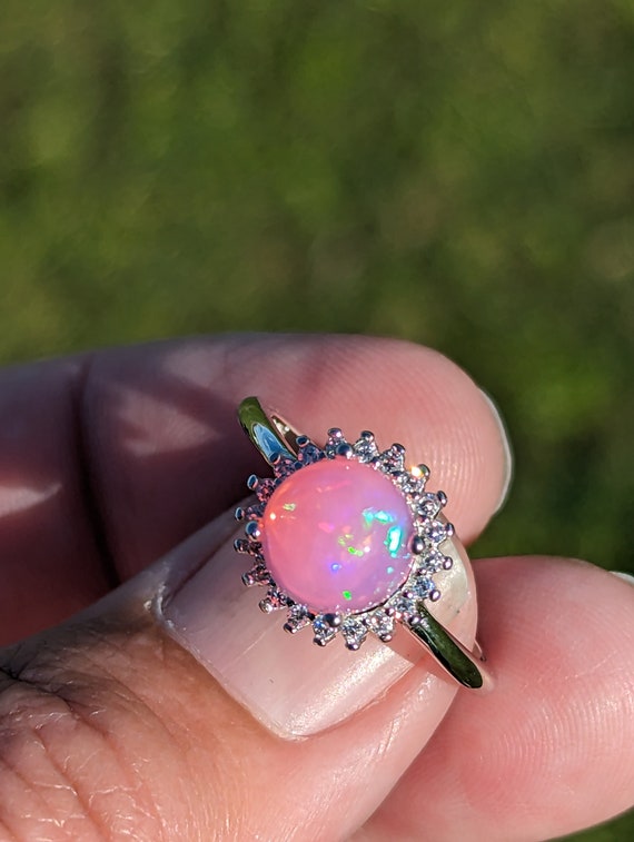 Stunning Natural Pink Opal Halo Engagement Statem… - image 5