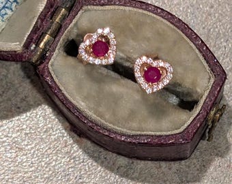Vintage Estate Natural Ruby & Diamond Outline Stud Rose Gold Earrings, 14K,  Stunning!
