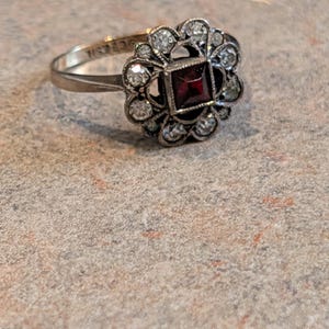 Pu&ograve; includere: Un anello color argento con una pietra preziosa centrale rosso scuro a taglio quadrato, circondata da un alone di piccole pietre chiare a taglio rotondo disposte a motivo floreale. La fascia in metallo &egrave; sottile e lucida con un marchio.