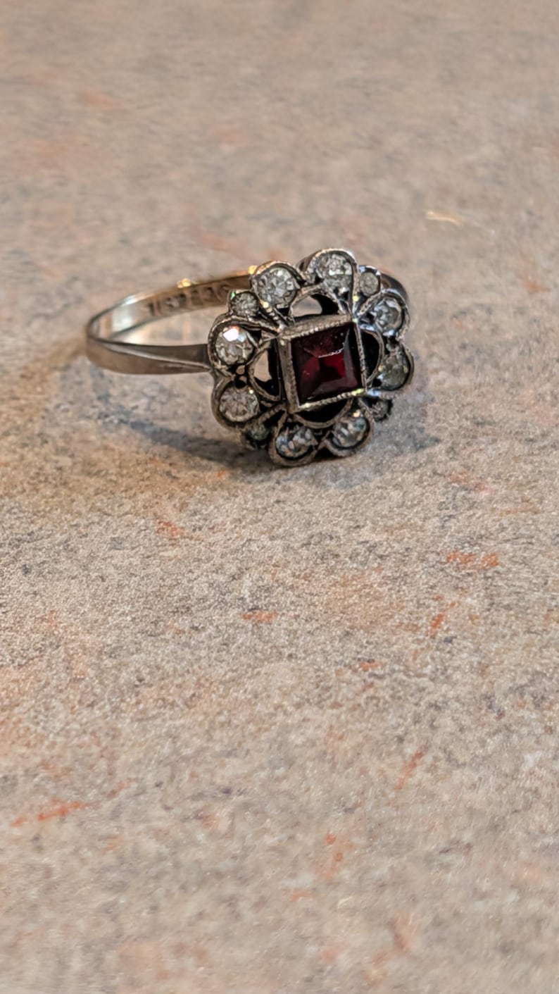Pu&ograve; includere: Un anello color argento con una pietra preziosa centrale rosso scuro a taglio quadrato, circondata da un alone di piccole pietre chiare a taglio rotondo disposte a motivo floreale. La fascia in metallo &egrave; sottile e lucida con un marchio.